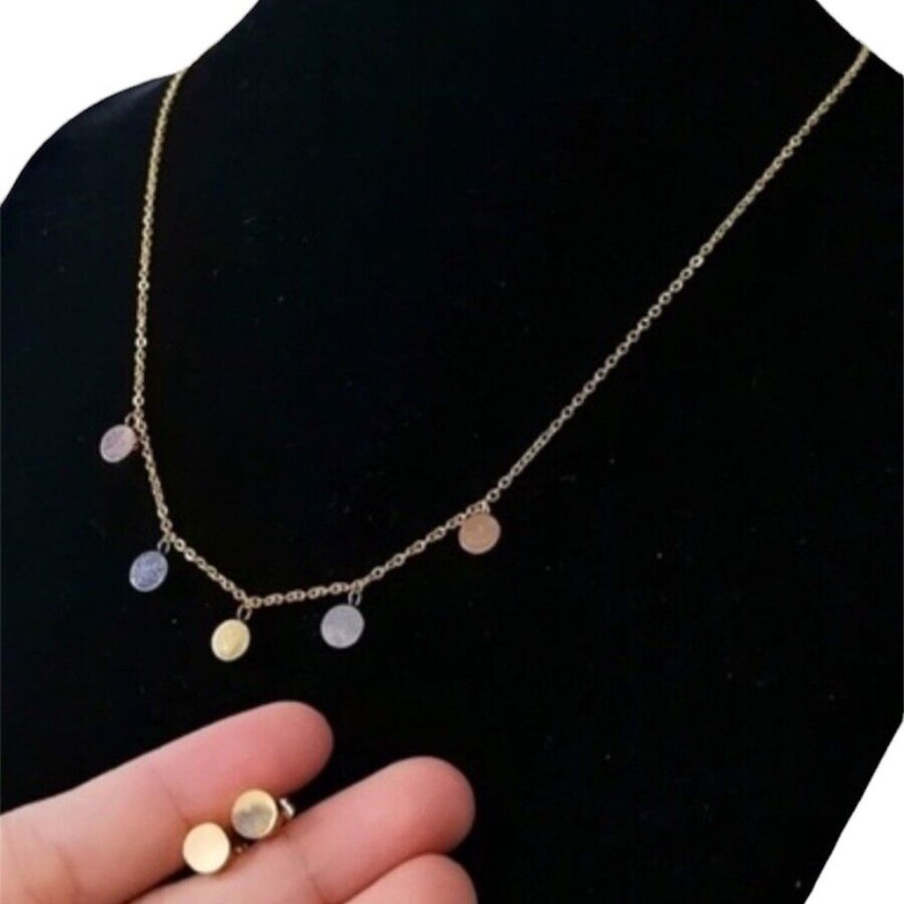 Stainless Steel Jewelry Tricolor Gold Plated Multi-Circle Necklace Earrings Set